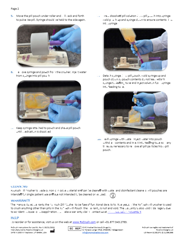 Page 2 of RxCrush Instruction Sheet Explaining in Details with Pictures on how to Use the Pill Crushing System