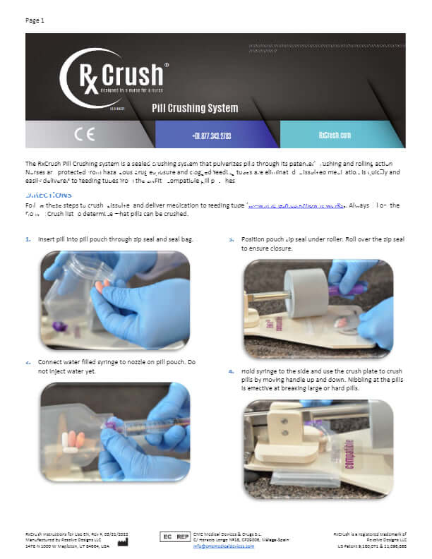 Page 1 of RxCrush Instruction Sheet Explaining in Details with Pictures on how to Use the Pill Crushing System